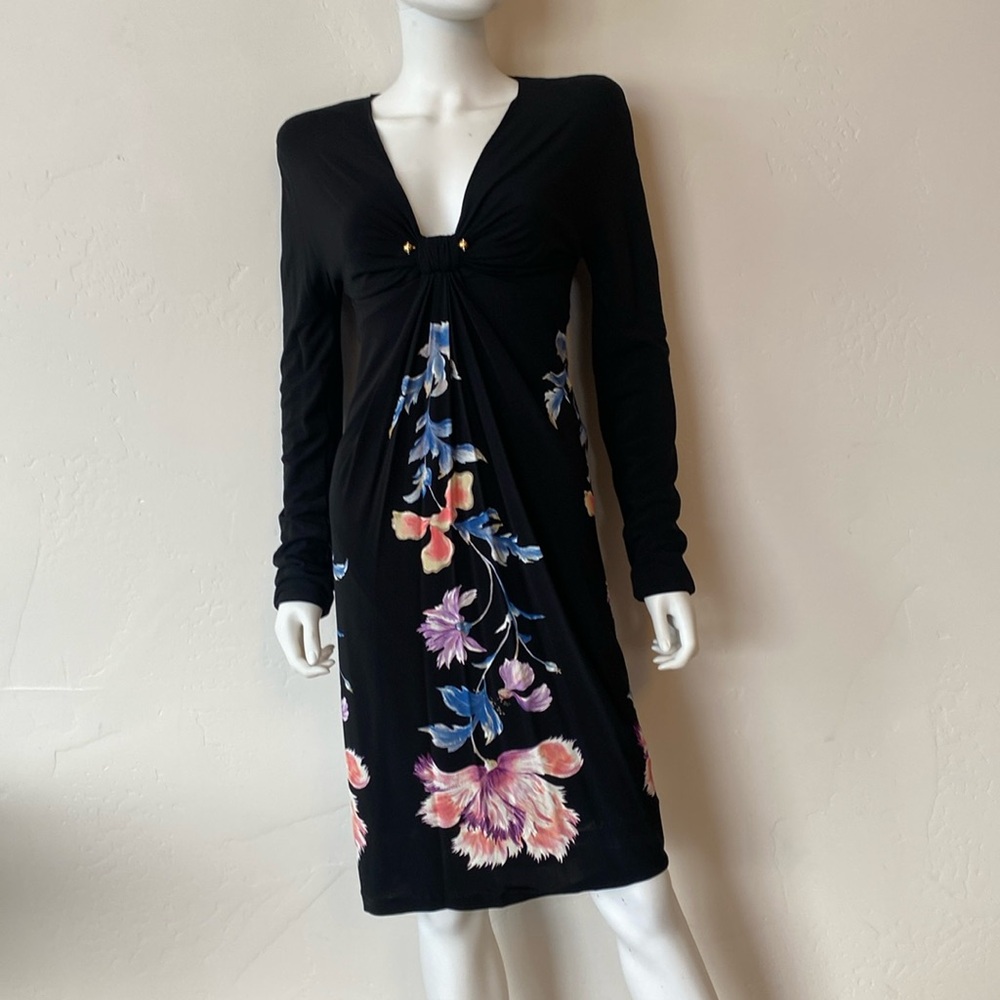 ROBERTO CAVALLI FLORAL PRINT DRESS WITH JEWELED BAR SIZE: 6